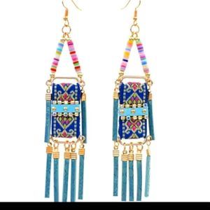 Boho Blue Beaded Long Earrings NWT